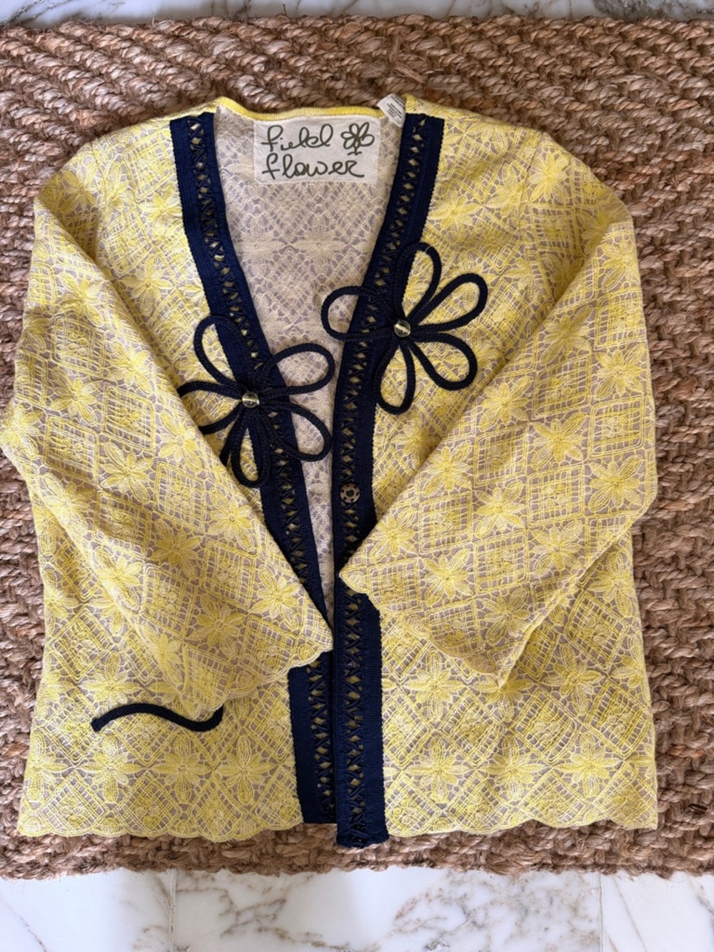 Yellow Lace Cardigan with Navy Trim